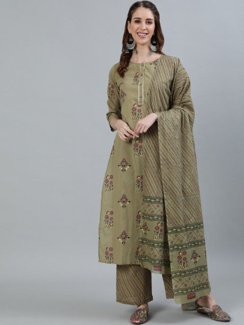 

AASI - HOUSE OF NAYO Women Green Printed Pure Cotton Kurta with Trousers & Dupatta