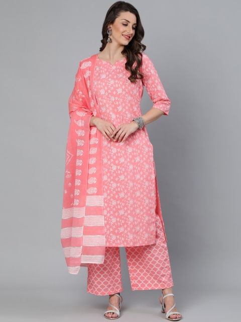 

AASI - HOUSE OF NAYO Women Peach-Coloured Floral Printed Regular Pure Cotton Kurta with Palazzos & With