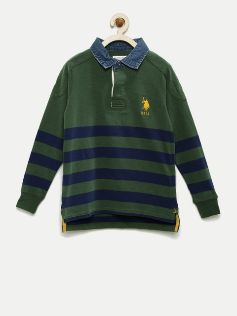 

U.S. Polo Assn. Kids Boys Olive Green Striped Polo Collar T-Shirt