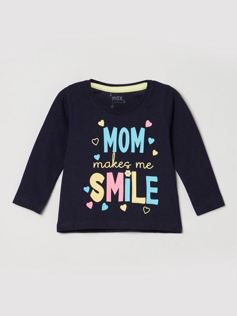 

max Girls Navy Blue & Yellow Typography Printed Pure Cotton T-shirt