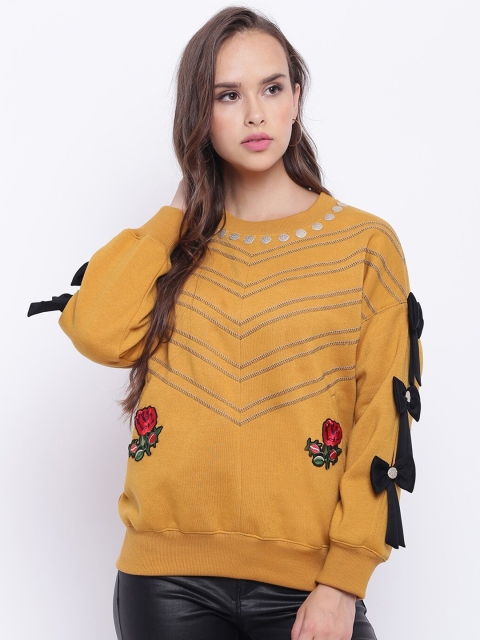 

Texco Women Mustard Embroidered Pullover Sweatshirt with Bow