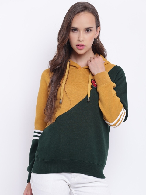

Texco Women Green & Yellow Colourblocked Hooded Sweatshirt
