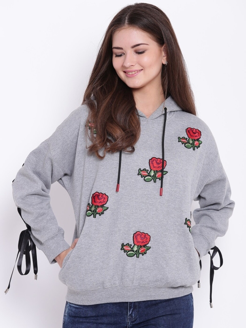 

Texco Women Grey Embroidered Hooded Sweatshirt