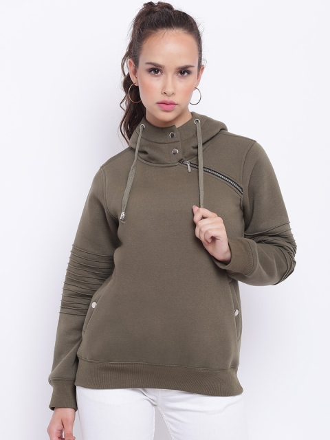 

Texco Women Olive Solid Hooded Sweatshirt