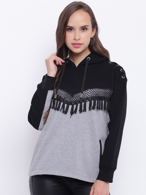

Texco Women Grey Colourblocked with Tessles Hooded Sweatshirt