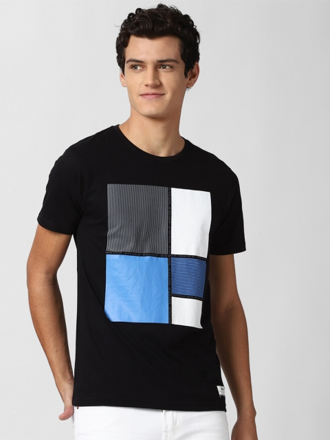 

Peter England Casuals Men Black & Blue Colourblocked Slim Fit Pure Cotton T-shirt