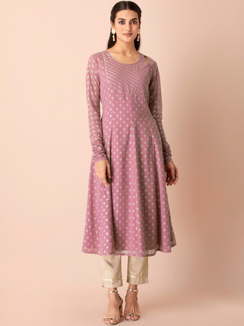 

INDYA Women Pink Geometric Thread Work Anarkali Kurta