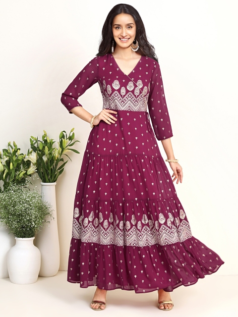 

INDYA Shraddha Kapoor Purple & Off White Ethnic Motifs Georgette Ethnic Maxi Dress