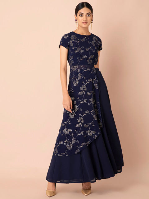 

INDYA Navy Blue & Gold-Toned Floral Georgette Foil High Low Top