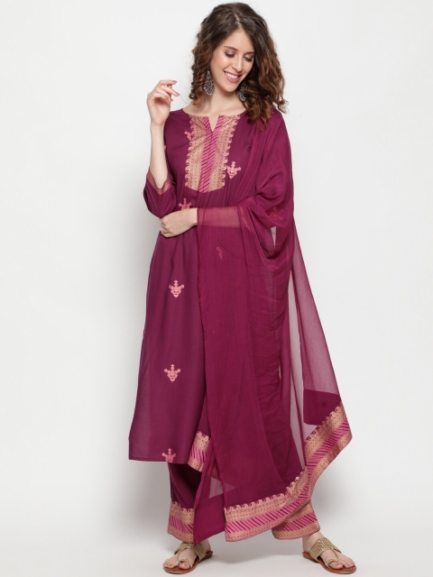 

THE NKS PLUS Women Burgundy & Pink Ethnic Motifs Printed Kurta with Palazzos & Dupatta