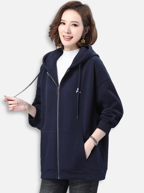 

JC Collection Women Navy Blue Solid Longline Hooded Bomber Jacket