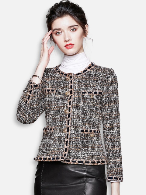 

JC Collection Women Black & Beige Self Design Crop Tailored Jacket