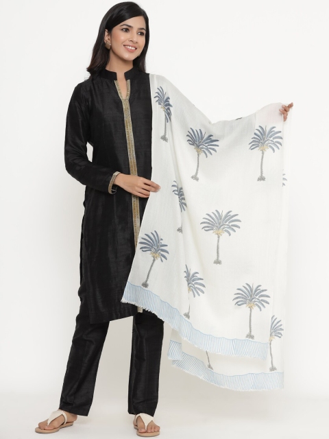 

THE AAB STUDIO Women Off White & Blue Banana Leaf Printed Handwoven Himalayan Wool Stole