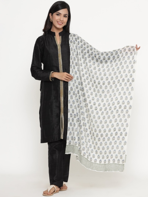 

THE AAB STUDIO Women White & Blue Rose Bud Design Printed Handwoven Himalayan Wool Stole