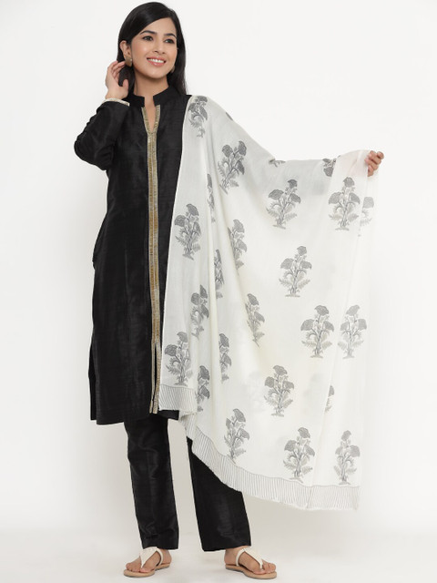 

THE AAB STUDIO Women Off White & Grey Mughal Flower Printed Handwoven Himalayan Wool Stole