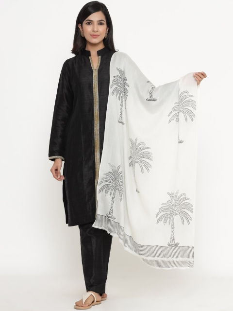 

THE AAB STUDIO Women White & Charcoal Palm Tree Printed Handwoven Himalayan Wool Stole