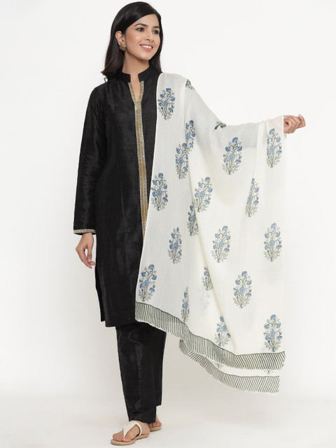 

THE AAB STUDIO Women Off White & Blue Mughal Flower Printed Handwoven Himalayan Woolen