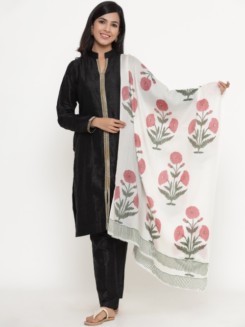 

THE AAB STUDIO Women Off White & Red Poppy Flower Printed Handwoven Himalayan Wool Stole