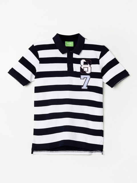 

Bossini Boys Navy Blue & White Striped Polo Collar Applique Pure Cotton T-shirt