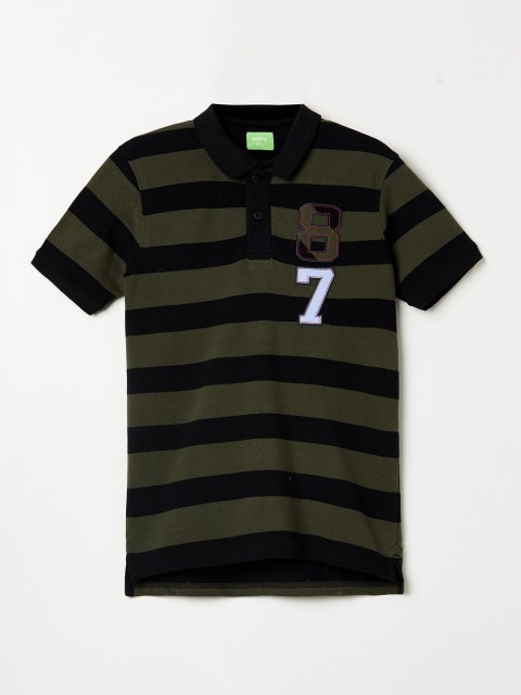 

Bossini Boys Olive & Black Striped Polo Collar Pure Cotton T-shirt