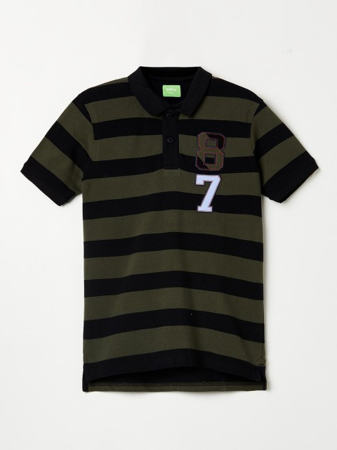 

Bossini Boys Olive Green Striped Polo Collar Pockets T-shirt