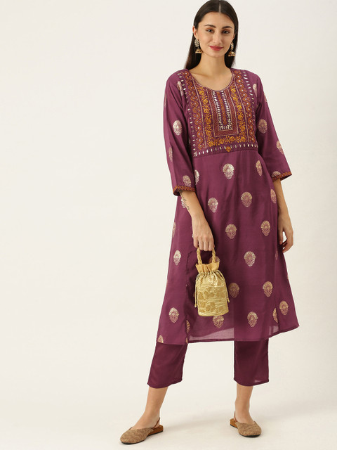 

SWAGG INDIA Women Magenta Ethnic Motifs Embroidered Regular Gotta Patti Kurta Set