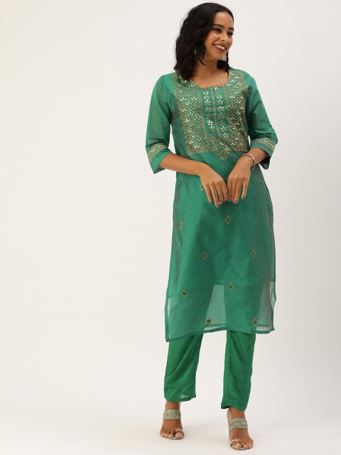 

SWAGG INDIA Women Green Silk Blend Embroidered Mirror Work Kurta with Trousers