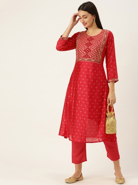 

SWAGG INDIA Women Red Ethnic Motifs Embroidered Regular Thread Work Kurta Set