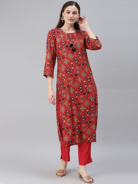 

PIROH Women Red Printed Keyhole Neck Gold Print Straight Kurta