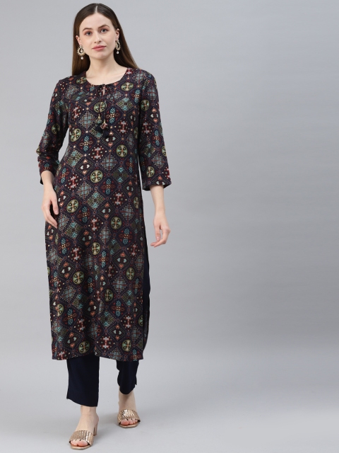 

PIROH Women Blue Printed Keyhole Neck Gold Print Straight Kurta