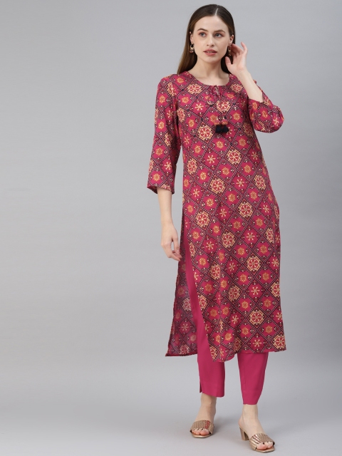 

PIROH Women Pink Printed Keyhole Neck Gold Print Straight Kurta