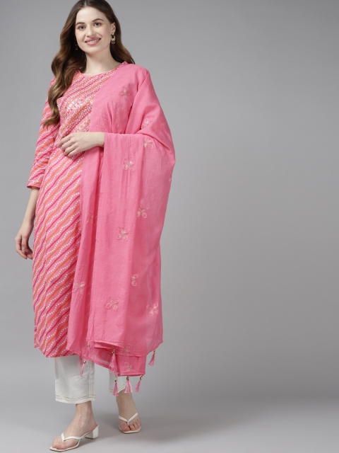 

Yufta Women Pink Bandhani Yoke Design Regular Sequinned Pure Cotton Kurta with Palazzos & With Dupatta
