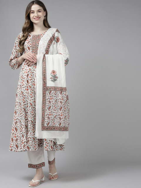 

Yufta Women White Paisley Printed Regular Sequinned Pure Cotton Kurta with Palazzos & With Dupatta