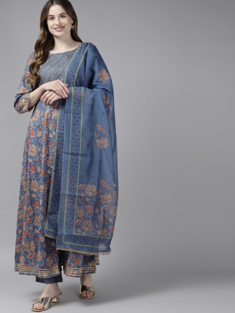 

Yufta Women Blue Floral Yoke Design Regular Aari Work Pure Cotton Kurta with Trousers & With Dupatta