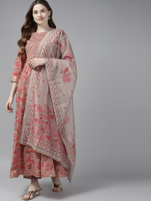 

Yufta Women Red Floral Yoke Design Regular Aari Work Pure Cotton Kurta with Trousers & With Dupatta