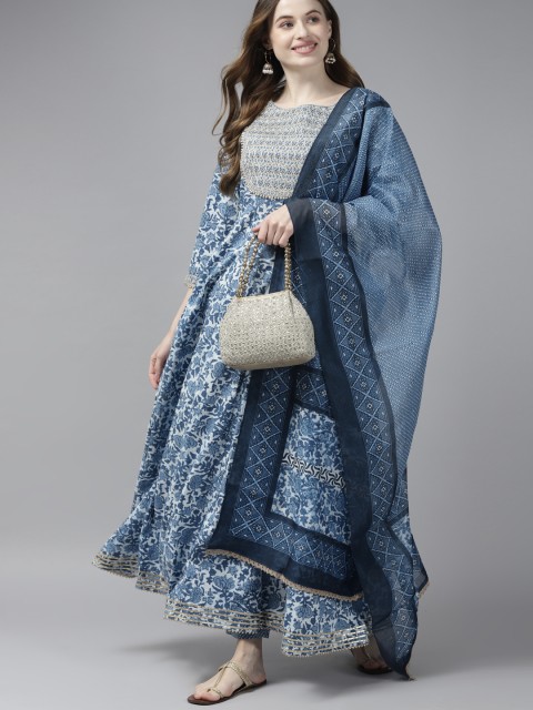 

Yufta Women Blue Printed Pure Cotton Anarkali Kurta with Trousers & With Dupatta