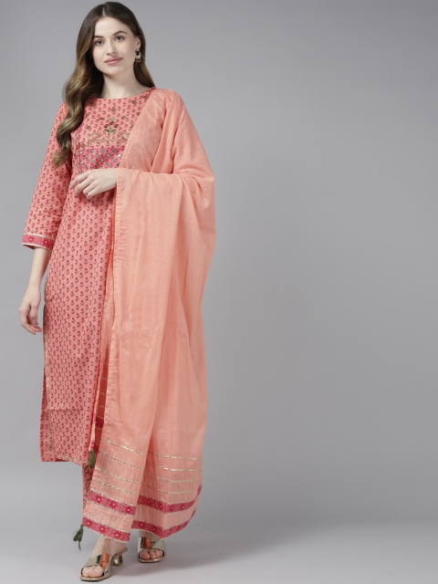 

Yufta Women Peach-Coloured Floral Yoke Design Regular Mirror Work Pure Cotton Kurta with Trousers & With