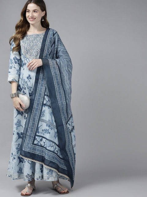 

Yufta Women Blue Floral Printed Pure Cotton Anarkali Kurta with Trousers & With Dupatta