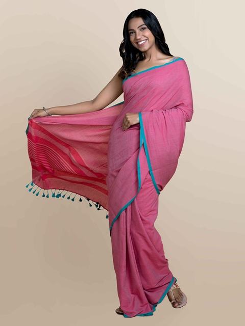 

Suta Pink & Turquoise Blue Pure Cotton Solid Saree