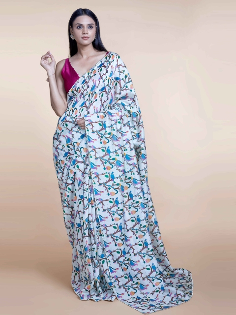 

Suta White & Blue Floral Printed Pure Silk Saree