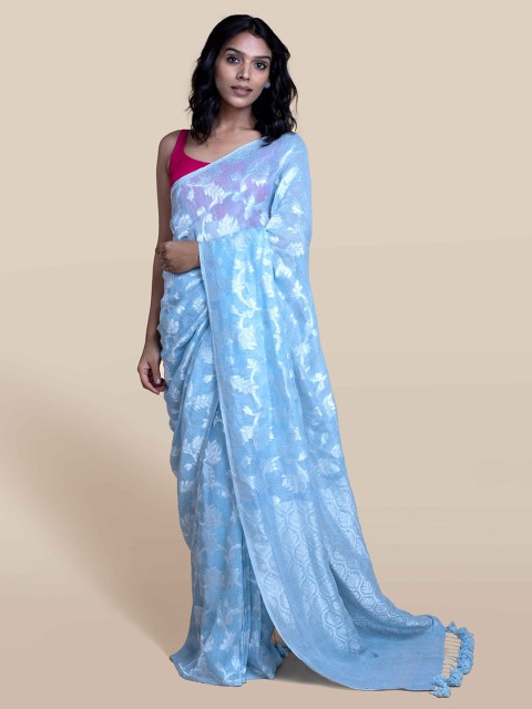 

Suta Women Powder Blue Woven Design Jamdani Linen Zari Saree
