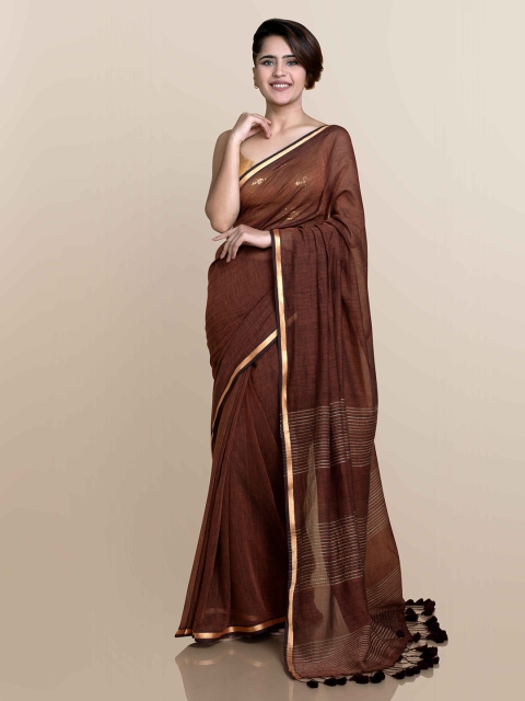 

Suta Women Rustic Brown Mul Cotton With Zari Border Tasselled Saree & Ghicha Pallu, Rust