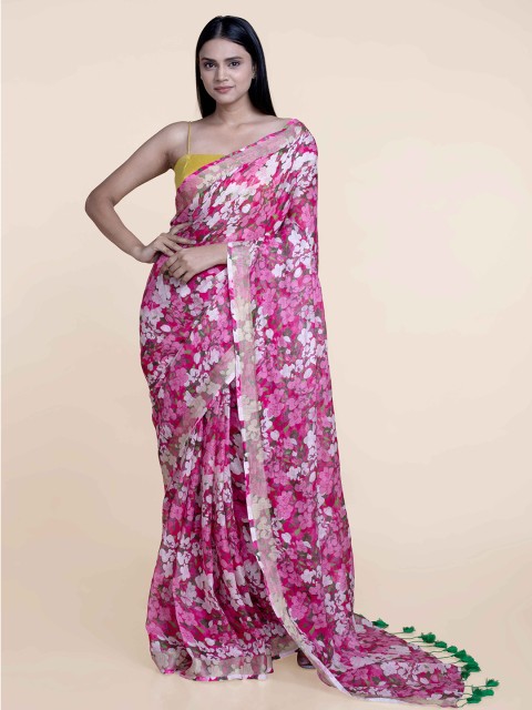 

Suta Pink & White Floral Zari Pure Linen Saree, Multi