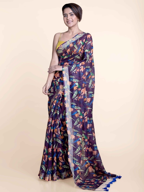

Suta Multicoloured Floral Printed Pure Linen Saree, Multi