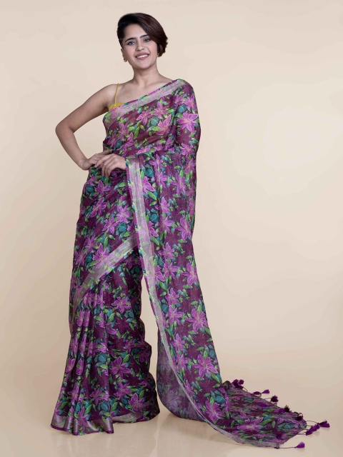 

Suta Purple & Green Floral Zari Pure Linen Saree, Multi