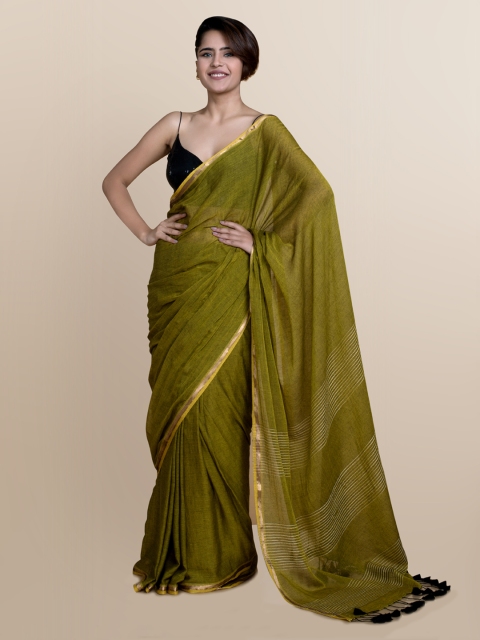 

Suta Olive Green & Gold-Toned Zari Pure Cotton Saree