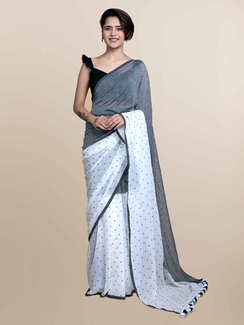 

Suta White Grey Polka Dots Printed Pure Cotton Saree