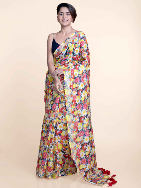 

Suta Red & Yellow Floral Pure Linen Saree, Multi