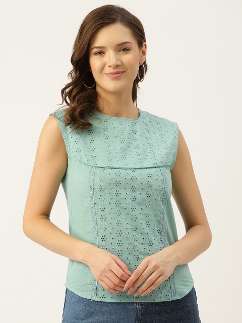 

Marc Loire Woman Sea Green Cotton Schiffli Top
