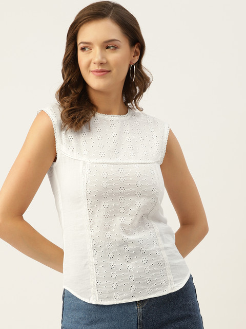 

Marc Loire Women White Cotton Schiffli Top